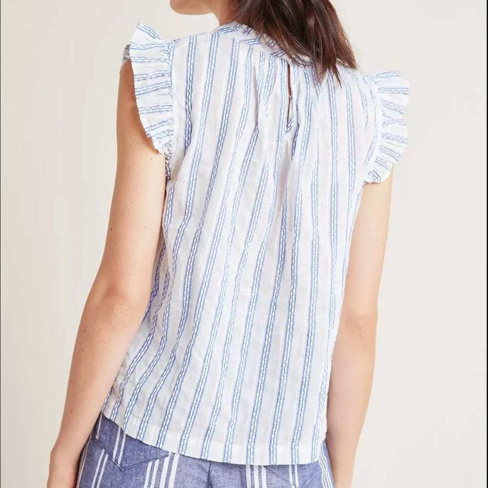 Isabella Sinclair Anthropologie Blue Stripe Ruffle Sleeve Top XS - Picture 2 of 6